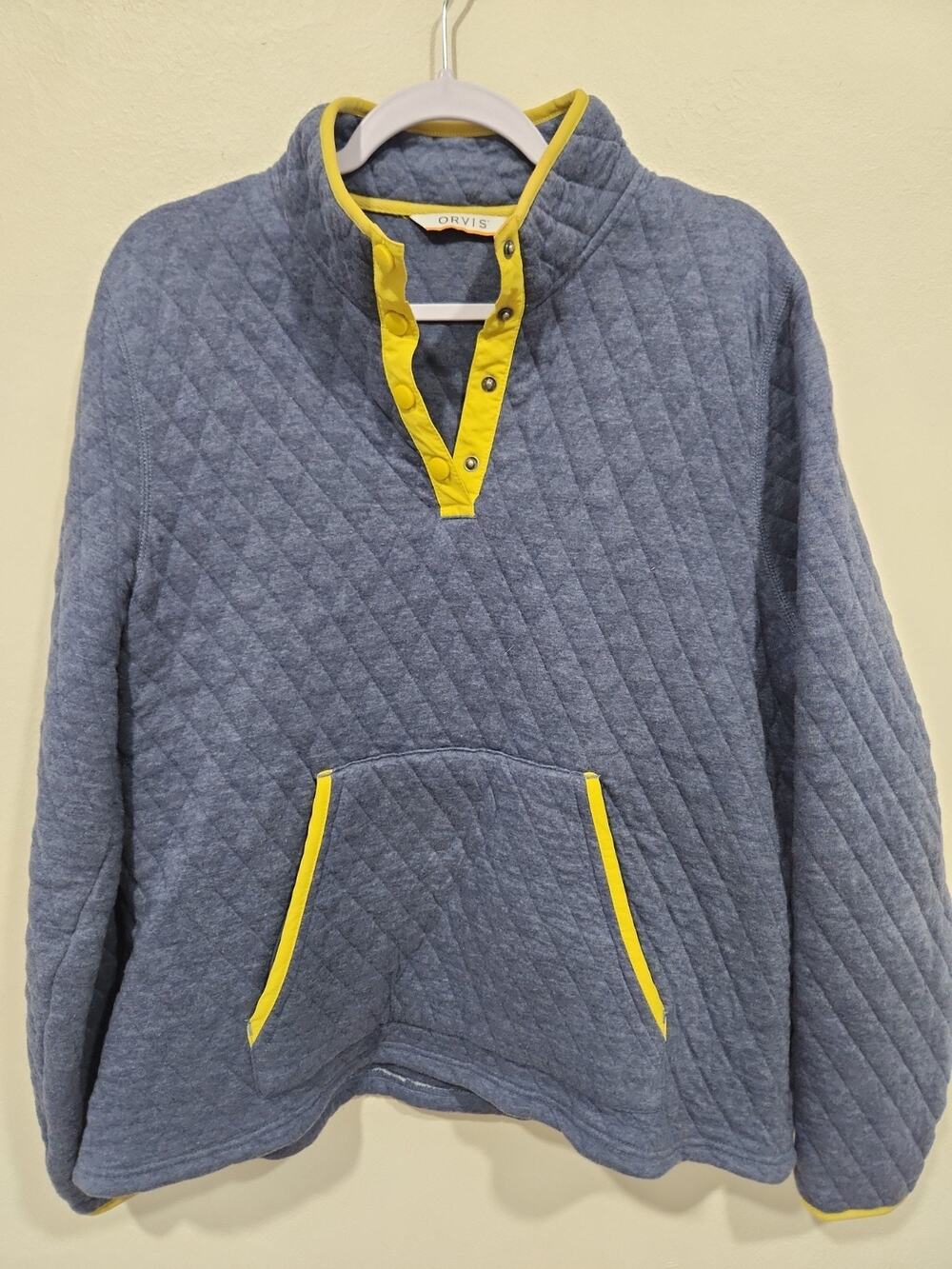 Orvis Quilted Snap Pullover Womens L BLUE Pockets Mock Neck Yellow Cabin